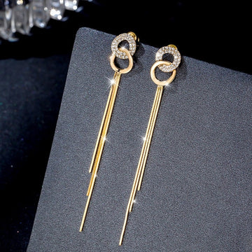 Pendientes Sencillos de Borla Larga de Doble Círculo para Mujer, Elegante Colgante de Gema CZ