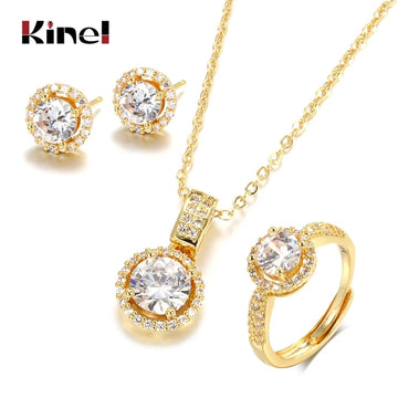 Kinel 18K Gold Zircon Conjuntos de Joyas Anillo de Compromiso Collar Pendiente para Joyería de Boda Nupcial Regalo del día de San Valentín para Mujeres